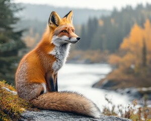 Majestic red fox perched on a rock by a serene river in autumn landscape