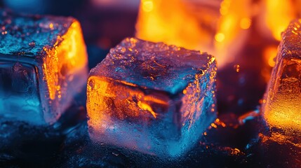 Ice cubes illuminated by fire