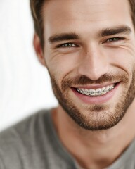 Obraz premium A man with braces smiles and shows off his teeth.
