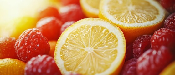 Close-up view of fresh raspberries and lemon slices.