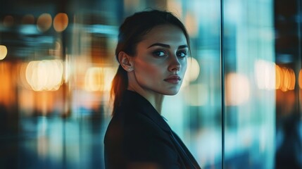 Obraz premium Woman in a suit gazing thoughtfully in a modern urban setting