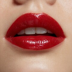 Obraz premium Macro of young woman's lips wearing red lipstick, smiling.