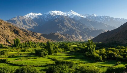 Fototapeta premium Mountain valley landscape with snow-capped peak