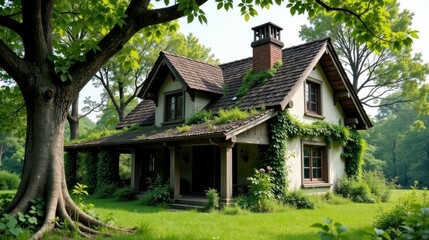 Fototapeta premium Charming Rustic Cottage Nestled Amidst Lush Greenery and Mature Trees, Offering Tranquil and Picturesque Scenery