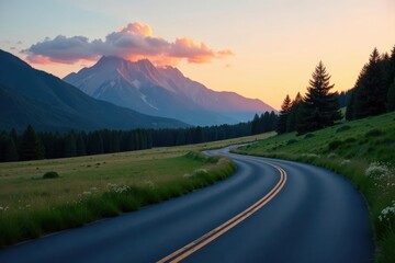 Naklejka premium Serene Sunset Journey Winding Asphalt Road Through Verdant Meadow Towards Majestic Mountain Peak at Dusk