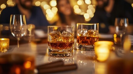 Glasses of whiskey on a table with friends in warm lights