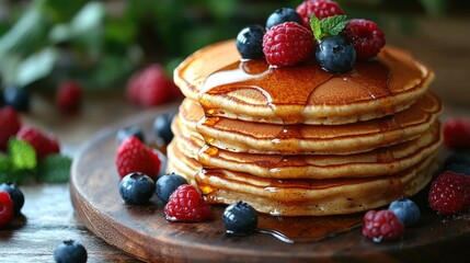 Stack of fluffy pancakes topped with fresh berries and maple syrup