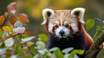 Fototapeta premium A red panda peering through colorful autumn foliage.