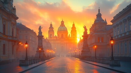 Fototapeta premium Sunrise over historic European city