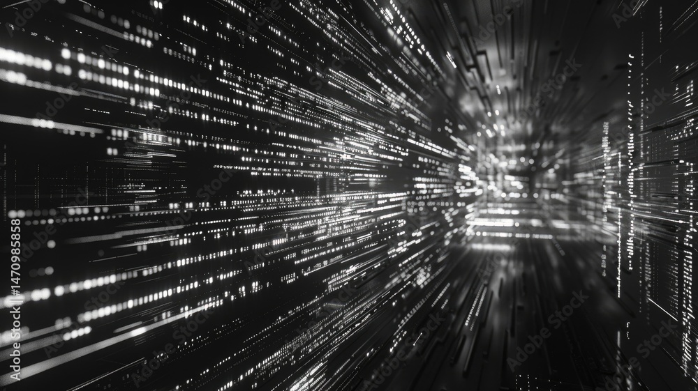 Poster abstract of complex glitch with pixel effect in dark background use shading and monochrome to expres