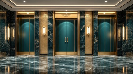 Luxurious hotel elevator lobby.  Modern, elegant, and opulent design with teal colored doors and brass accents.  Marble floors and walls