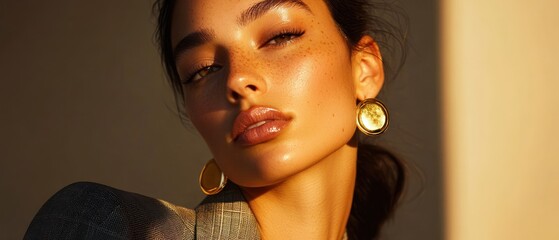 Portrait of a woman with freckles and golden earrings in sunlight (1)
