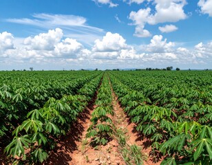 Expansive cassava plantation with neatly arranged rows stretching toward the horizon under a dramatic blue sky filled with fluffy white clouds.
