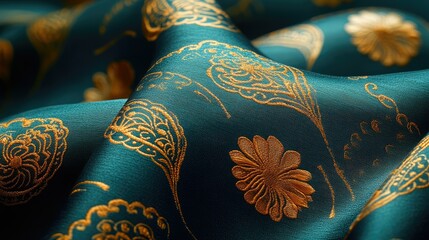 Luxurious teal silk fabric with gold floral embroidery.  Delicate, flowing, and elegant