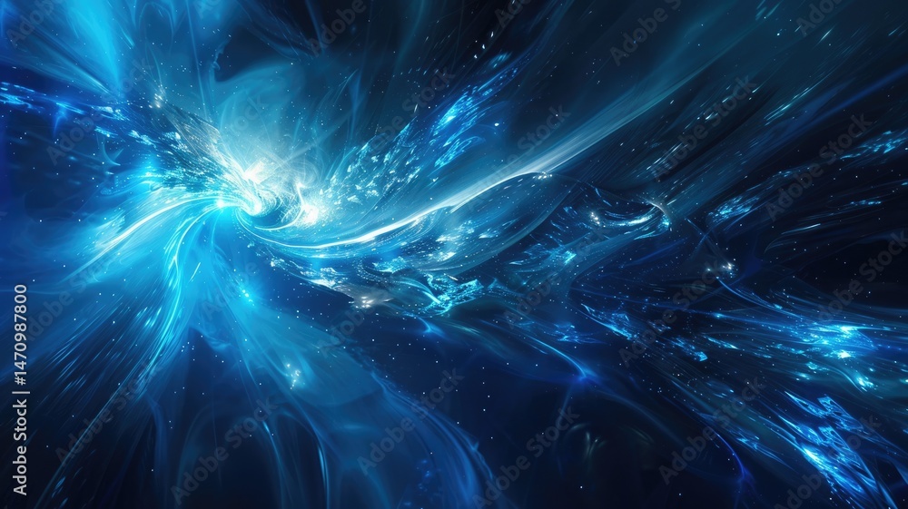 Poster abstract image beautiful blue light sparkling particles scattered across space background while swir