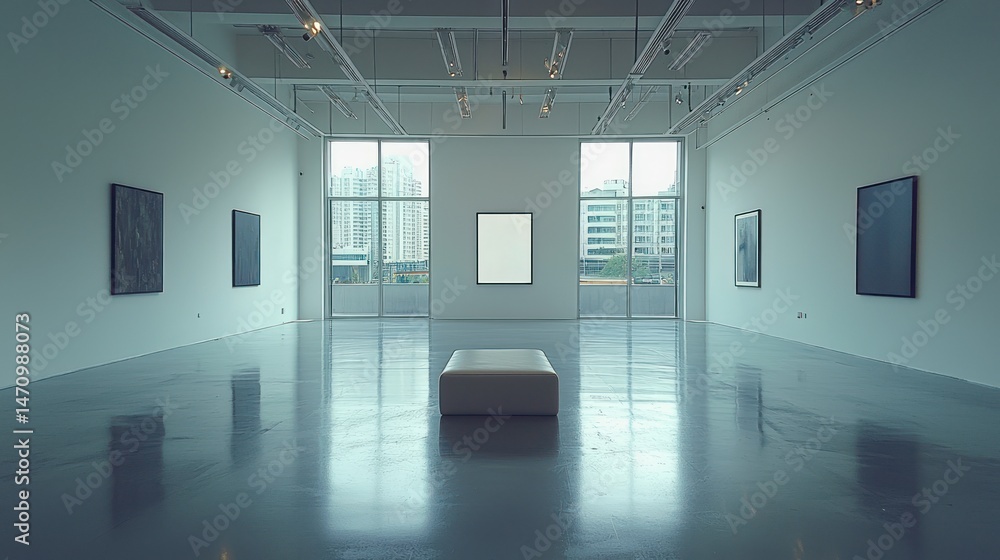 Poster empty modern art gallery with large windows
