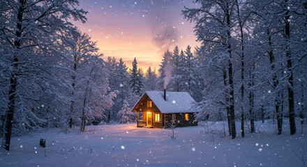 Cozy winter cabin nestled in snowy forest at sunset