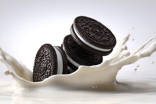 Cream-filled chocolate sandwich cookies in dynamic milk splash against bright backdrop