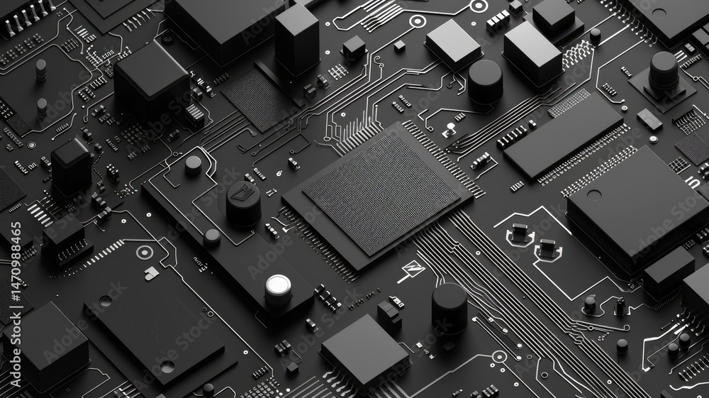 Poster close up of a circuit board with metallic material. macro photography of motherboard or microchip or