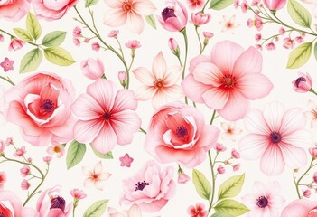 Delicate watercolor floral pattern, spring blooms, vintage elegance, leaves, vintage floral pattern