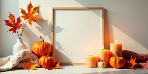 Autumnal Still Life with Blank Frame, Pumpkins, Candles, and Fall Leaves