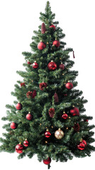 A beautifully decorated Christmas tree with red ornaments. transparent background