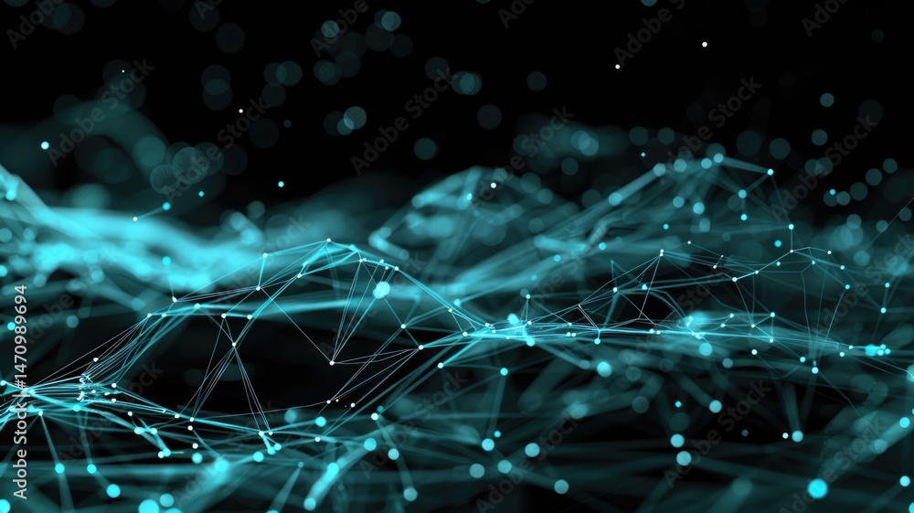 Poster abstract picture of turquoise particle with sparkle atom style design connect and flow show energy d
