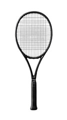 A sleek black tennis racket showcasing modern design. transparent background