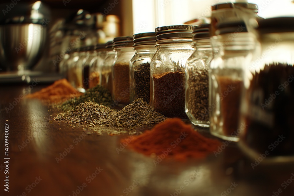 Poster a vibrant array of spices displayed in jars on a wooden countertop, with kitchen tools in the backgr