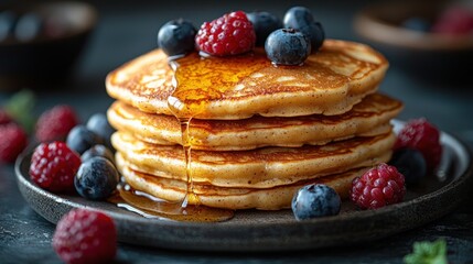 Stacked pancakes topped with berries and syrup (1)
