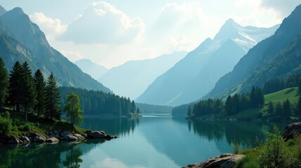 Serene mountain lake reflecting majestic peaks and lush evergreen forests in a tranquil landscape