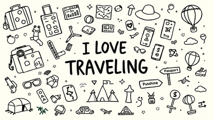 A collection of hand-drawn travel-related icons and the text "I LOVE TRAVELING."