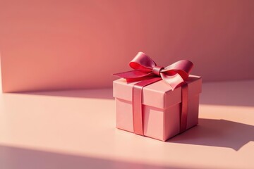 Obraz premium A delicately wrapped pink gift box with a satin ribbon, bathed in soft sunlight, sits on a pale pink surface, creating a serene and celebratory atmosphere.