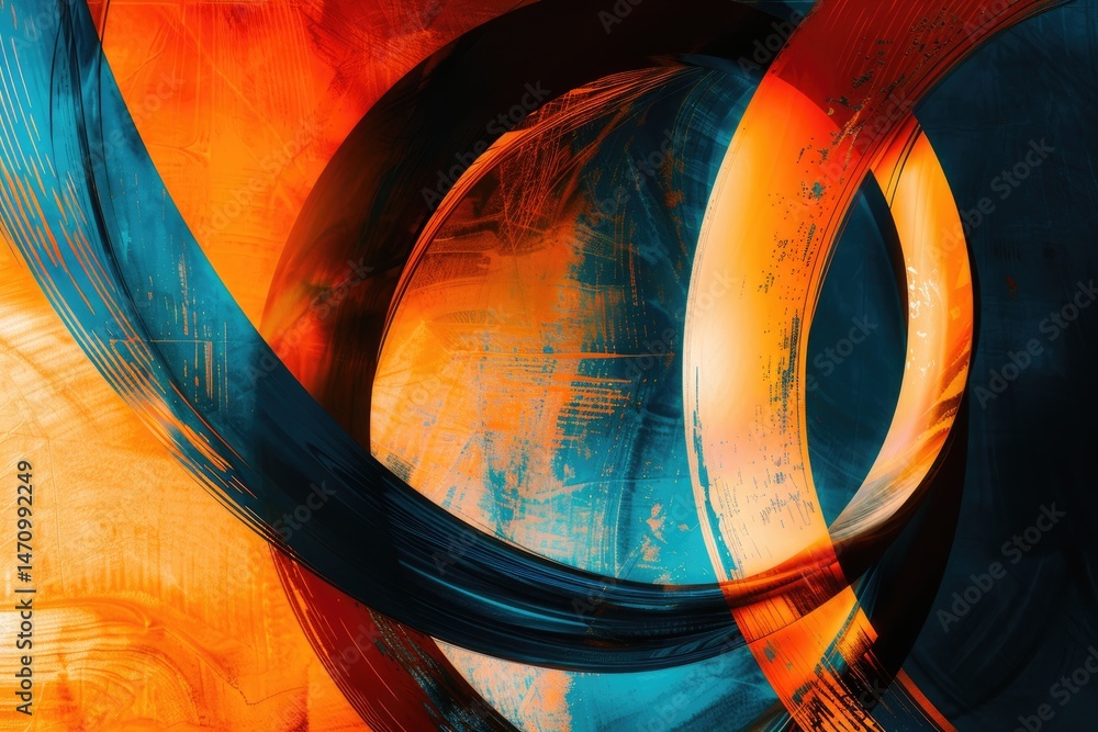 Poster abstract composition with intertwined orange and blue curves on a dark background. background image 