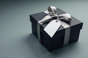 Obraz premium Elegant black gift box with shiny silver ribbon and blank gift tag, surprise, black