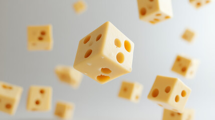 Cheese cubes with holes levitating in air on white background 