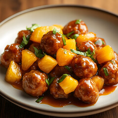 A Sweet and Sour Chinese Style Meatball with Pineapple Slices