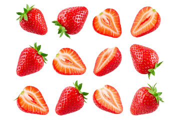   Set of Falling strawberries isolated on a transparent background