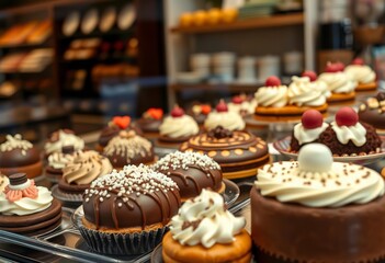 Elegant chocolate & marzipan pastries displayed in bakery window, high quality, close-up