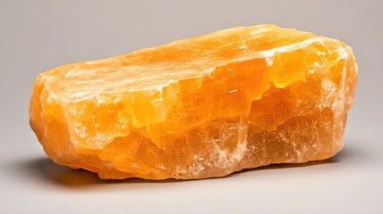Translucent Orange Calcite Mineral Specimen on Neutral Backdrop with Fine Texture and Studio Lighting