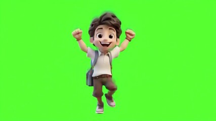 Animated 3D cartoon character student boy dancing have fun on green screen background - Powered by Adobe