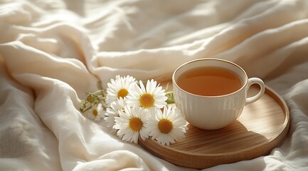 A Cup of Tea with Daisy Flowers on a Wooden Tray in a Creamy White Scene