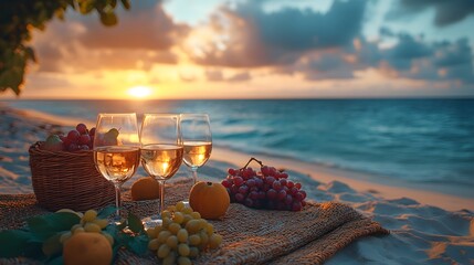Sunset beach picnic with wine and fruits