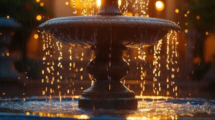 Ornamental fountain at dusk, water droplets,  golden light