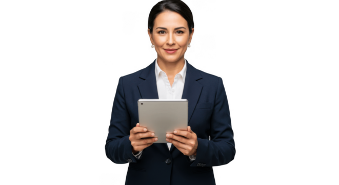 Professional Businesswoman Holding a Tablet – Confidence, Technology, and Corporate Success Concept – Woman in Business Suit Using Digital Device with Transparent PNG Background