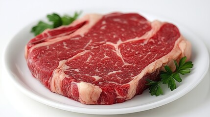 Fresh, raw steak on a white plate with herbs.