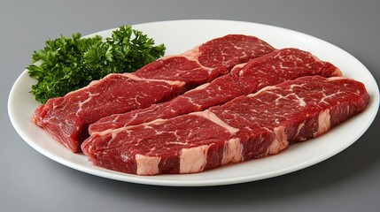 Fresh, raw beef steaks arranged on a white plate.