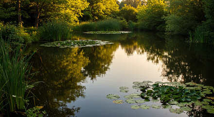 Tranquil pond scene with lush greenery and reflections at the water surface