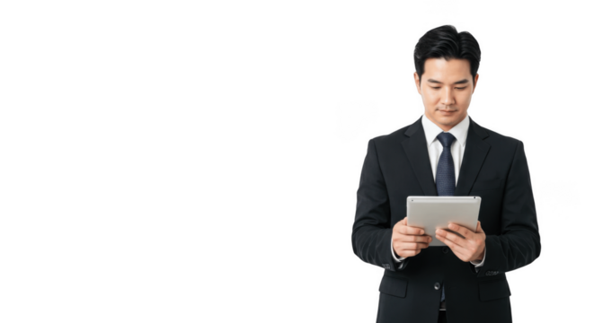 Businessman with Tablet – Corporate Technology, Professional Confidence, and Digital Workflow Concept – Male Executive Using Tablet Device in Business Suit with Transparent PNG Background