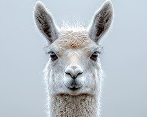 Obraz premium Close-up portrait of a llama with soft fur and expressive eyes against a neutral background (1)